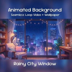 Könnte beinhalten: Ein animiertes Hintergrundbild mit einer regnerischen Stadtfensterszene. Das Bild zeigt ein gemütliches Interieur mit einem Stuhl, einer Katze und Bücherregalen, wobei eine Stadtlandschaft durch das Fenster sichtbar ist. Der Text auf dem Bild lautet "Animated Background" und "Rainy City Window."