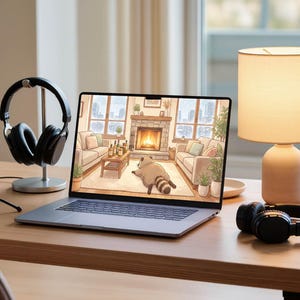 May include: A laptop displaying a cozy living room scene with a raccoon on the floor, headphones, a microphone, and a desk lamp. The scene is set on a wooden desk, suggesting a home office or workspace.