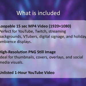 May include: A digital graphic with the text "What is included" and details about a loopable 15-second MP4 video, a high-resolution PNG still image, and an unlisted 1-hour YouTube video.