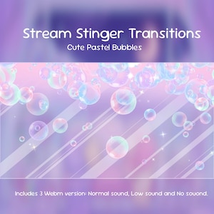 Puede incluir: Un gráfico digital con el texto Stream Stinger Transitions y Cute Pastel Bubbles. El fondo muestra un degradado de morado y rosa con burbujas translúcidas e iridiscentes y líneas blancas diagonales. Incluye 3 versiones en formato Webm.