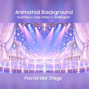 May include: A digital graphic titled Animated Background Seamless Loop Video + Wallpaper Pastel Idol Stage featuring a circular stage with star accents, framed by light purple curtains, hanging heart ornaments, and bright spotlights.