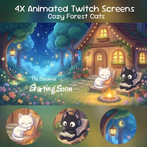 Op de afbeelding: Een set van 4X Animated Twitch Screens Cozy Forest Cats met een nachtscène, een houten hut, een slapende witte kat en een zwarte kat met een koptelefoon die in een boek schrijft. De tekst luidt 4X Animated Twitch Screens Cozy Forest Cats en The Stream is Starting Soon.