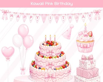Animated Kawaii Pink Birthday Stream Decoration Pack/ Twitch Overlay Assets / Cake, Balloons, Banner, Desk, Chair