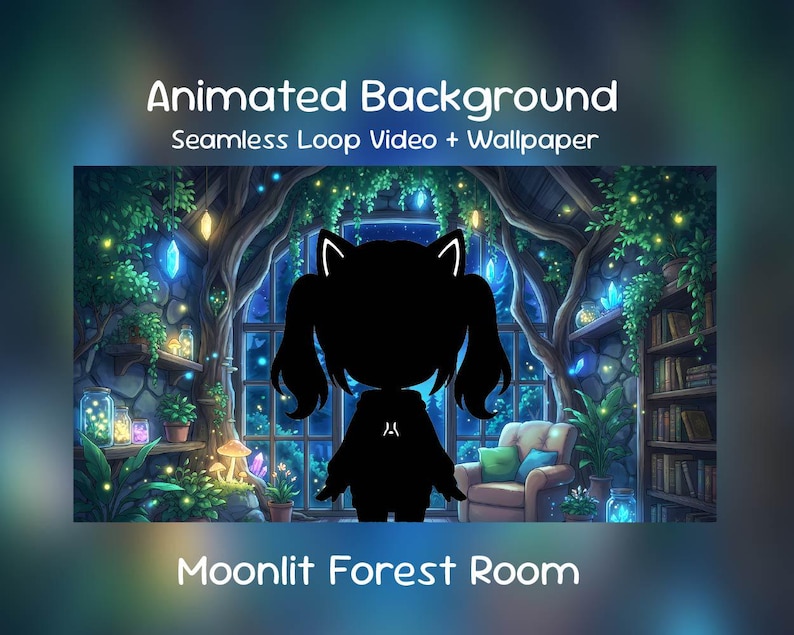 May include: An animated background featuring a seamless loop video and wallpaper. The image showcases a moonlit forest room with a silhouette of a character with cat ears. The room is filled with lush greenery, glowing crystals, and a cozy armchair.