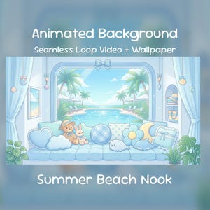 Peut inclure: Image d'arrière-plan animé avec le texte "Animated Background Seamless Loop Video + Wallpaper". L'image représente une scène de plage estivale avec une fenêtre donnant sur une piscine et des palmiers. La scène comprend un canapé bleu avec des coussins et des animaux en peluche.
