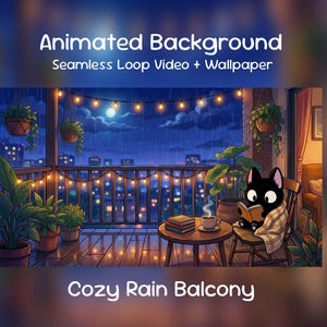 May include: Digital illustration of a balcony scene in the rain. A black cat reads a book, wrapped in a blanket. The balcony has plants, string lights, and the text "Animated Background" and "Cozy Rain Balcony". The scene evokes a sense of comfort.