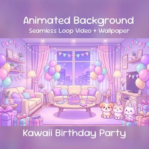 May include: An animated background illustration of a kawaii birthday party scene. The image features a living room with balloons, presents, and a cake. Text on the image reads "Animated Background" and "Kawaii Birthday Party".
