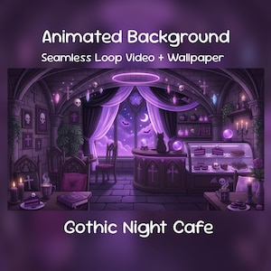 Può includere: Immagine di sfondo animata di un Gothic Night Cafe. La scena presenta un interno di un bar con illuminazione viola, una vetrina di pasticcini e un gatto sul bancone. Il testo "Animated Background" e "Gothic Night Cafe" sono visualizzati.