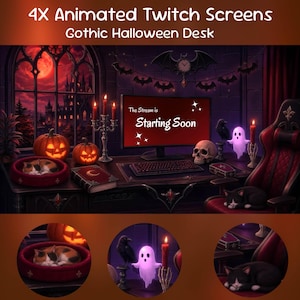 Könnte beinhalten: Ein digitales Grafikset 4X Animated Twitch Screens Gothic Halloween Desk. Das Hauptbild zeigt einen dunklen Raum mit einem Computermonitor, der The Stream is Starting Soon anzeigt, Kürbisse, einen Totenkopf, ein Gespenst und schlafende Katzen.