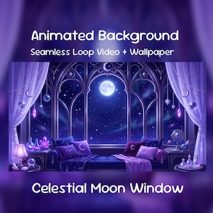 Puede incluir: Ilustración digital de una escena celestial con una gran ventana arqueada que da a una noche estrellada y una luna llena. La imagen presenta una cama con cojines morados y una ventana con cristales colgantes. El texto dice "Animated Background" y "Celestial Moon Window."