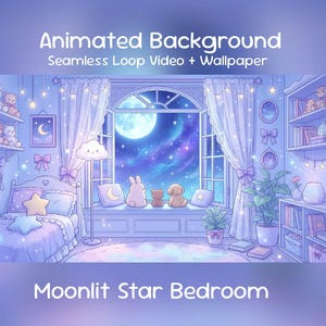 Può includere: Immagine di sfondo animata di una camera da letto illuminata dalla luna. La scena presenta una grande finestra con vista su un cielo stellato e una luna piena. La stanza è decorata in tonalità di blu e viola, con peluche, un letto e scaffali.