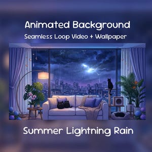 Könnte beinhalten: Animierter Hintergrund mit einer Wohnzimmerszene und Blick auf eine Stadt während eines Sommergewitters. Der Text lautet "Animated Background Seamless Loop Video + Wallpaper Summer Lightning Rain."