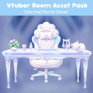 Puede incluir: Ilustración digital de un paquete de activos de habitación Vtuber en colores pastel. La escena incluye un escritorio, una silla y accesorios, todo con el tema de la nube celestial. El escritorio tiene patas de cristal y un teclado. La silla tiene forma de nube.