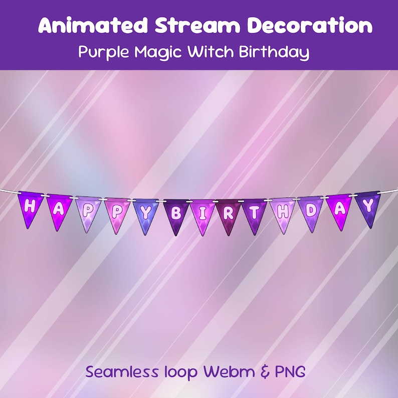 May include: A purple banner with the words "HAPPY BIRTHDAY" in white letters. The banner is made of triangular flags in shades of purple and blue, strung on a thin silver wire. The background is a gradient of pink and purple.