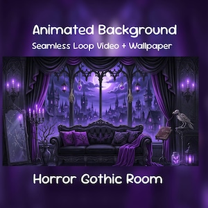 Pode incluir: Ilustração digital de um quarto gótico de terror com um sofá preto, detalhes roxos e uma paisagem urbana visível através de uma grande janela. A imagem inclui o texto "Animated Background" e "Horror Gothic Room".
