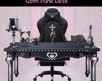 Paquete de recursos para habitación de VTuber Gótica Punk: Escritorio, silla y accesorios en negro y plateado (descarga digital)