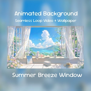 Peut inclure: Illustration numérique animée intitulée "Summer Breeze Window" représentant une scène extérieure sereine. Une fenêtre encadre un ciel bleu clair, des nuages duveteux et un littoral lointain. Rideaux blancs, fleurs et chat sur le rebord.
