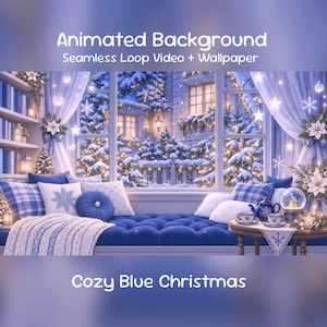Puede incluir: Animated Background Seamless Loop Video + Wallpaper Cozy Blue Christmas. Una vista desde la ventana de una escena invernal nevada con árboles y luces, un banco azul capitoné con cojines, una manta de punto y un juego de té sobre una pequeña mesa redonda.