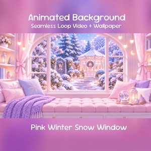 May include: Animated Background Seamless Loop Video + Wallpaper Pink Winter Snow Window. A cosy window seat with pink cushions, a purple knit throw, and pillows overlooking a snowy garden with a gazebo, illuminated by hanging heart lights.