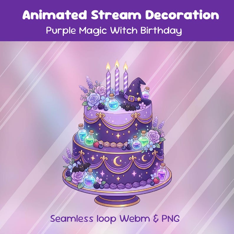 May include: An animated stream decoration featuring a two-tiered purple cake with a witch hat, candles, and potion bottles. The cake is decorated with flowers, berries, and crescent moons. Text at the top reads "Animated Stream Decoration Purple Magic Witch Birthday".