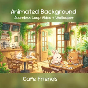 May include: An animated illustration of a cafe scene with cartoon animals. The image features a cat, dog, rabbit, and bear at tables, enjoying coffee and cake. The text reads "Animated Background, Seamless Loop Video + Wallpaper" and "Cafe Friends."