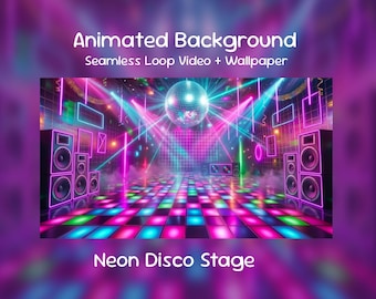 Fondo animado de anime/Escenario de discoteca neón, Fiesta colorida, Pista de baile electrizante, Superposición de Twitch, Transmisión de VTuber