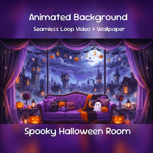 Witchy Halloween Room Anime Animated Background| Spooky Purple Lounge, Thanksgiving, YouTube, Twitch Overlay, VTuber Stream