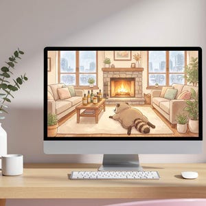 May include: A digital illustration of a cozy living room scene. A raccoon lies on a rug in front of a fireplace. Two sofas, a coffee table with bottles, and plants are also visible. The scene is set in front of a window with a snowy cityscape.
