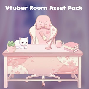 May include: A pink Vtuber room asset pack featuring a desk, chair, and accessories. The desk has a floral design and supports a microphone, mug, and books. A white cat and potted succulent are also present. The chair has a bow detail.