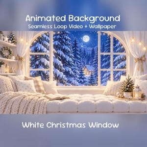 Animerad bakgrund med vitt julfönster och animerad bakgrund | Mysig snöhelg, YouTube, Twitch-överlägg, VTuber-stream