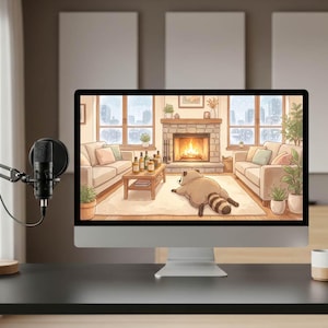 May include: A desktop computer displays a cozy cartoon scene of a living room with a fireplace, a raccoon, and bottles on a coffee table. A microphone and a coffee mug are on the desk.
