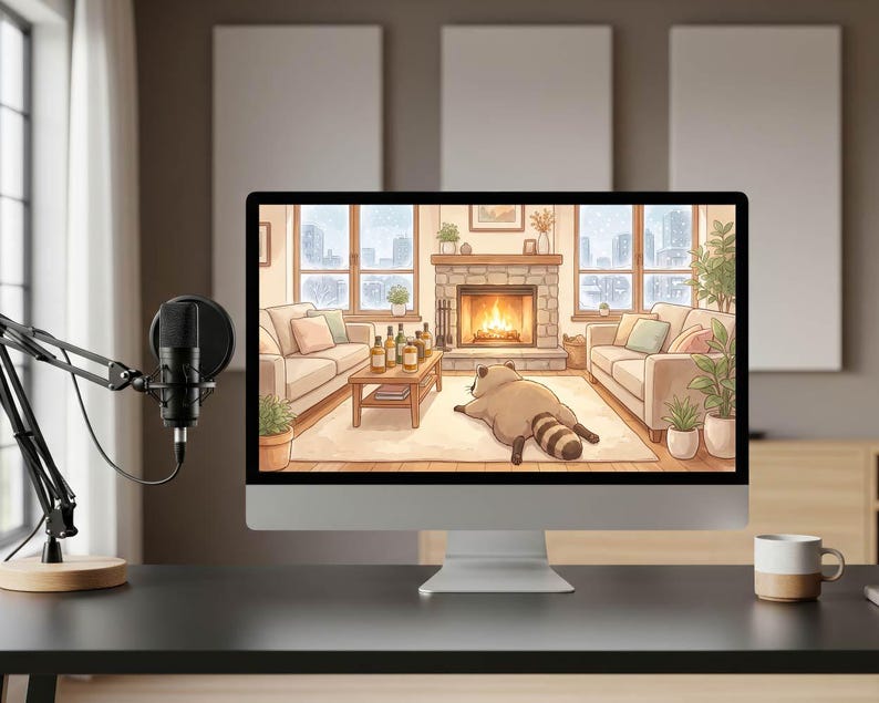 May include: A desktop computer displays a cozy cartoon scene of a living room with a fireplace, a raccoon, and bottles on a coffee table. A microphone and a coffee mug are on the desk.