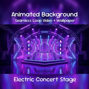 Puede incluir: Una representación digital de un escenario de concierto eléctrico con una vibrante iluminación púrpura y azul. El escenario presenta una plataforma central, una estructura superior curva y el texto "Animated Background" y "Electric Concert Stage".