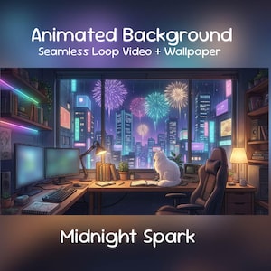 Anime Animated Background: Midnight Spark, New Year, Holiday, Festive, Game Room, Twitch Overlay, VTuber Stream