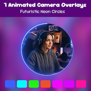 Peut inclure: Un graphique numérique avec le texte 7 Animated Camera Overlays Futuristic Neon Circles. Au centre, un cadre circulaire avec une bordure néon bleue lumineuse entoure une personne portant un casque et un sweat à capuche gris dans un studio.
