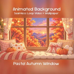 May include: Animated Background Seamless Loop Video + Wallpaper Pastel Autumn Window. A window view of orange autumn trees and mountains at sunset, with star lights, pumpkins, plaid pillows, and a knit blanket on a window seat.