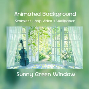 Pode incluir: Imagem de fundo animada com uma cena de janela verde ensolarada. Um violino verde-azulado encosta-se à moldura da janela, com cortinas brancas e um vaso de flores brancas. O texto diz "Animated Background, Seamless Loop Video + Wallpaper" e "Sunny Green Window."