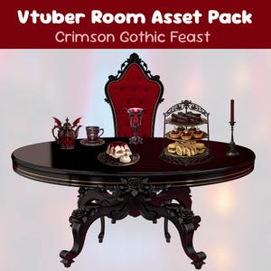 May include: A black, oval table with ornate rose carvings supports a crimson gothic feast. The table is set with a red velvet chair, a skull cake, a tiered dessert stand, and a decorative teapot. The text "Vtuber Room Asset Pack Crimson Gothic Feast" is at the top.