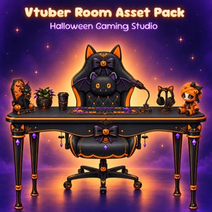 May include: A Vtuber Room Asset Pack featuring a Halloween Gaming Studio theme. The set includes a black and orange desk, a matching gaming chair with cat ears and bat wings, a keyboard, a microphone, headphones, and decorative cat figurines.