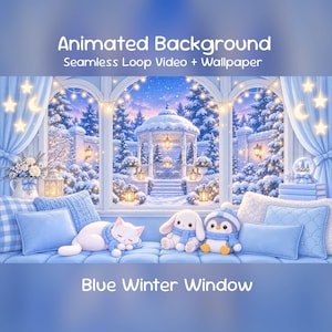 Op de afbeelding: Een geanimeerde achtergrond met een blauw winterraam en de tekst Animated Background Seamless Loop Video + Wallpaper en Blue Winter Window. Een witte kat, konijn en pinguïn pluche zitten op een blauwe gestoffeerde bank.