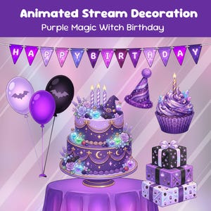 May include: An illustration of a purple-themed birthday party, featuring a cake, balloons, party hat, cupcake, and gifts. The cake is adorned with a witch's hat and decorated with flowers and potion bottles. A banner spells out "HAPPY BIRTHDAY".