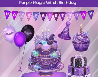 May include: A purple-themed birthday party illustration with a cake, balloons, party hat, cupcake, and gifts. The cake has a witch hat on top and is decorated with flowers and potion bottles. The banner reads "HAPPY BIRTHDAY".
