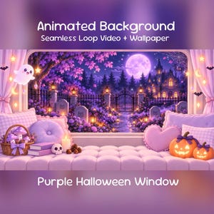 Peut inclure: Animated Background Seamless Loop Video + Wallpaper Purple Halloween Window. Une vue par la fenêtre sur un cimetière aux tons violets avec une pleine lune, un manoir hanté et un fantôme. Au premier plan, un banc capitonné avec des citrouilles, un panier de champignons et un crâne.
