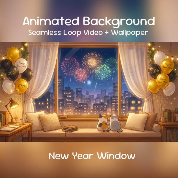 Anime Animierter Hintergrund: Neujahr-Fenster, Feuerwerk, Katze, Midnight, Twitch Overlay, VTuber Stream