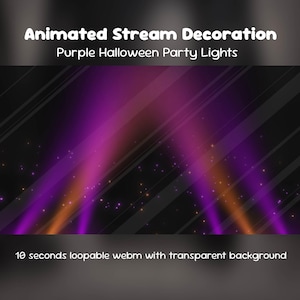Op de afbeelding: Geanimeerde streamdecoratie met paarse Halloween-feestverlichting en oranje en paarse gloeiende deeltjes op een donkere achtergrond. De tekst luidt Animated Stream Decoration, Purple Halloween Party Lights, 10 seconds loopable webm with transparent background.