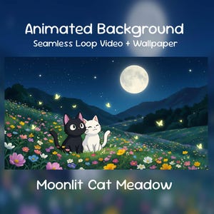 May include: An animated background featuring a moonlit cat meadow. A black cat and a white cat sit together in a field of colorful flowers under a full moon. The text reads "Animated Background Seamless Loop Video + Wallpaper" and "Moonlit Cat Meadow."