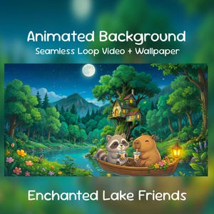 May include: Digital illustration of an enchanted forest scene with a raccoon and a capybara in a boat, drinking bubble tea. The background features a treehouse, a full moon, and the text "Animated Background Seamless Loop Video + Wallpaper" and "Enchanted Lake Friends".