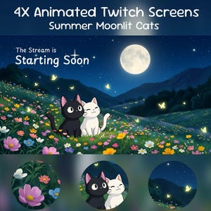 Puede incluir: Conjunto gráfico digital titulado 4X Animated Twitch Screens Summer Moonlit Cats. Muestra un paisaje nocturno con luna llena, un gato negro y uno blanco en un campo de flores con mariposas brillantes y el texto The Stream is Starting Soon.