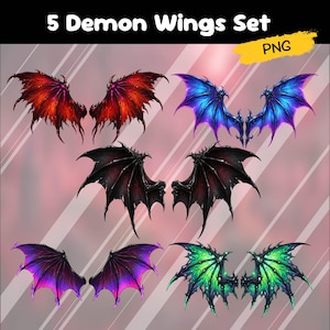 May include: Five digitally created demon wing designs in a variety of colours. The wings are red, blue, black, purple, and green, with detailed textures. The text "5 Demon Wings Set" is at the top of the image.