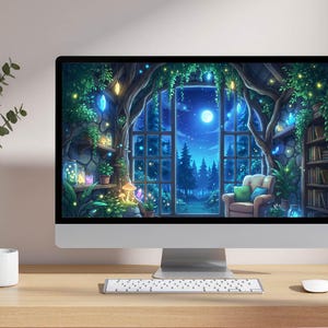May include: A computer monitor displays a digital illustration of a cozy, whimsical room. The scene features a large window overlooking a moonlit forest, with a comfortable armchair, bookshelves, and glowing plants.